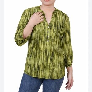 NY Collection Green 3/4 Sleeve Blouse with Mandarin Collar